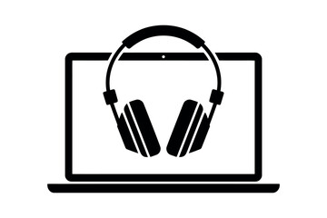 Headphones rest on an open laptop computer screen.