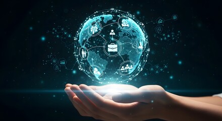 Illustration of a glowing digital globe hovers above open hands, symbolizing global business connections, communication, and international collaboration in technology