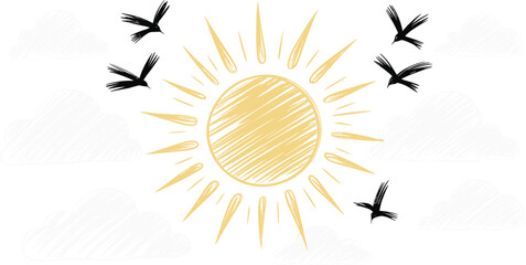 Hand drawn chalk style sunny sky illustration with bright yellow sun, flying black birds, and fluffy white clouds on blue background