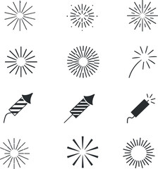 Firework burst and rocket icons black and white explosion