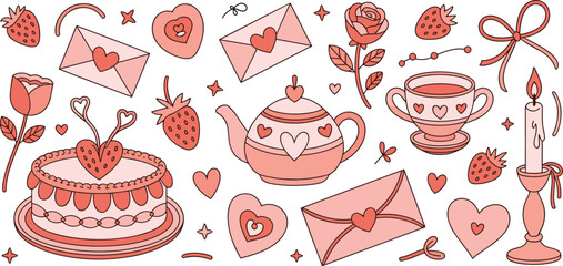 Hand drawn Valentine’s Day illustration collection with hearts, love letters, cake, tea set, candles, strawberries, roses, and romantic elements