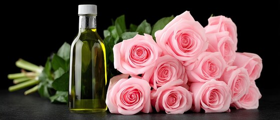 Elegant bouquet of pink roses next to a glass bottle of oil for stylish product presentation in a professional setting