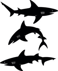 Three black shark silhouettes in different poses white background