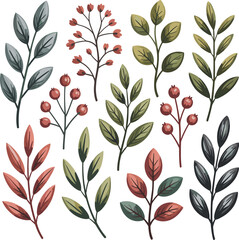 Autumnal botanical elements with berries and leaves