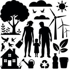 Black silhouettes of nature family and renewable energy elements