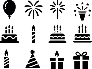 Black vector icons of birthday celebration elements