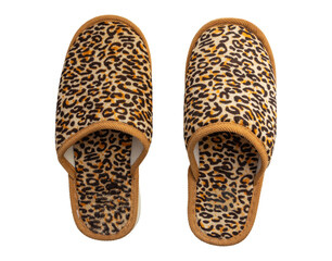 Leopard print fuzzy slippers with brown trim isolated on a white background