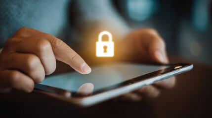 A person is touching a tablet screen while a padlock symbol appears above it, highlighting themes of internet safety and digital security in a cozy indoor environment.