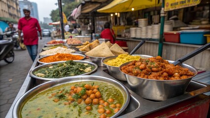 Obraz premium Vibrant street food stall in india showcasing an array of colorful freshly prepared dishes and savory snacks to eager customers