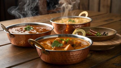 Steaming indian curries served in traditional copper bowls on a rustic wooden table showcasing rich flavors and aromatic spices