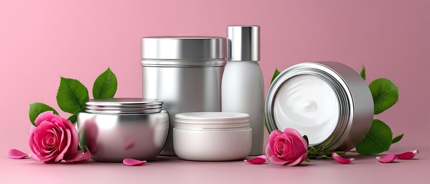 Luxury skin care products displayed with delicate rose petals and gift boxes create an inviting atmosphere in soft pink lighting