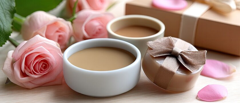Cosmetic products arranged nicely on a table with pink roses and petals, creating a serene and elegant atmosphere for gifting or self-care