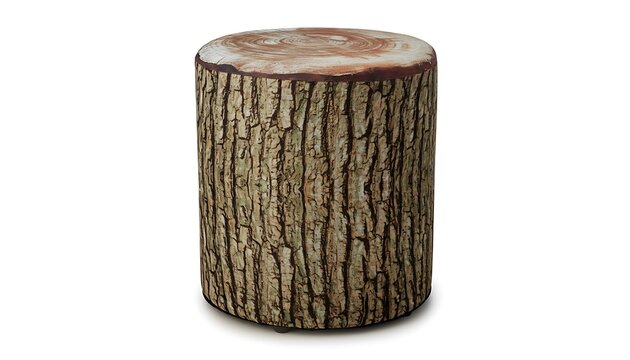 Rustic wooden log stool or side table with textured bark surface isolated on white background