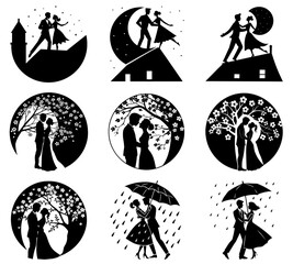 Romantic embrace vector illustrations, Couple kissing under tree vector