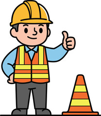 Cute cartoon construction worker in safety vest giving thumbs up next to traffic cone vector illustration.