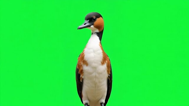 Elegant footage of a striking male Smew duck against vibrant green screen ready for compositing, perfect for nature documentaries or educational videos