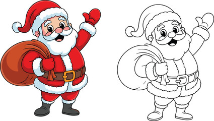 Cute cartoon Santa Claus waving hand with gift sack in color and black white outline for coloring page.