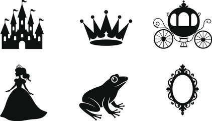 Set of fairy tale silhouettes including castle crown carriage princess frog and magic mirror black vector icons. © Sihab Creatives
