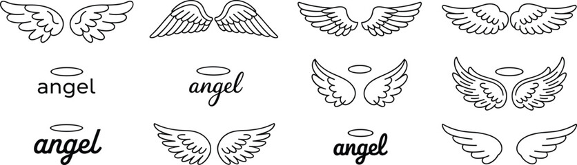 Minimalist angel wings and halo line art design collection featuring elegant handwritten typography, divine spiritual symbols,