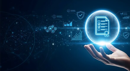 Illustration of hand holding a digital document icon surrounded by data and graphs, symbolizing compliance, regulation, and quality control in a modern, technological context