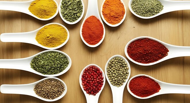 A variety of colorful spices and herbs presented in white ceramic spoons on a wooden surface - Powered by Adobe