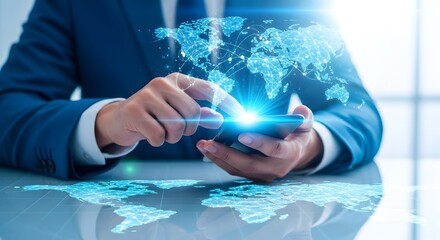 Illustration of a businessman in a suit uses a smartphone with a digital world map projected above it, symbolizing global connectivity and technology in business