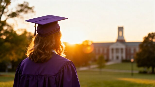 Rear view of a graduate in a purple cap and gown standing outdoors facing a golden sunset, on a university campus