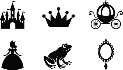 Set of fairy tale silhouettes including castle crown carriage princess frog and magic mirror black vector icons.