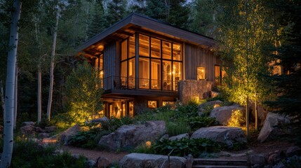 This stunning mountain cabin features large windows and warm lighting that creates an inviting atmosphere during dusk.