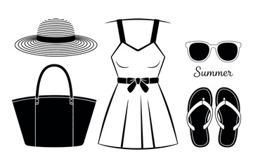 A collection of summer fashion accessories and clothing are displayed together.