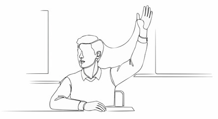 Student raising hand in classroom eager to answer question.