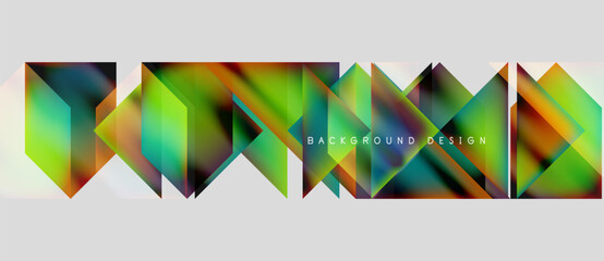 Abstract geometric shapes, vibrant colors, modern design. Background features repeating triangular patterns, dynamic composition.