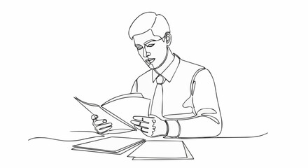 Man in shirt and tie reading a book at a desk.