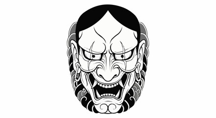 Monochrome Japanese Hannya Demon Mask Tattoo Illustration.