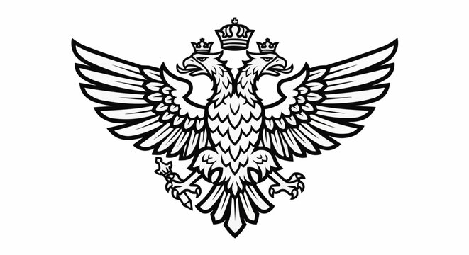 Black and white illustration of a double-headed eagle with crowns, symbolizing power and empire.