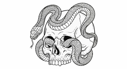 Skull entwined by serpent, a symbol of mortality and rebirth.