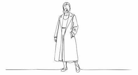 Continuous line drawing of a stylish woman in a long coat, fashion illustration.