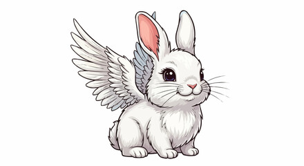 Adorable white angelic rabbit with feathered wings illustration.