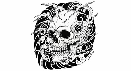 Detailed Skull Illustration with Swirling Smoke Elements.