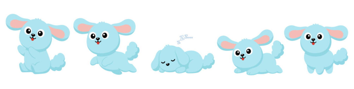 Cute blue cartoon dog poses set, flat vector illustration, Perfect for children illustrations, stickers, animations, pet designs, print and digital use.