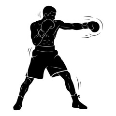 Black silhouette of a muscular boxer throwing a punch on white background boxing
