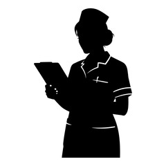 Black silhouette of a nurse in uniform holding a clipboard white background