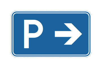 A blue parking sign with a white 'P' and an arrow pointing to the right.