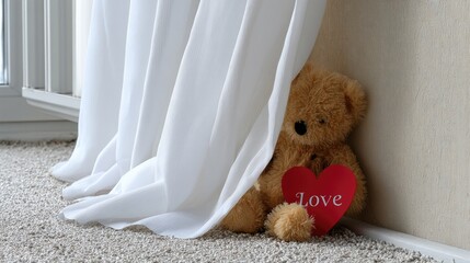 Teddy bear holding heart on white curtain backdrop for Valentine's Day celebration or card design, showcasing love and affection in high quality