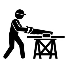 Black silhouette person wearing cap sawing wood on sawhorse male