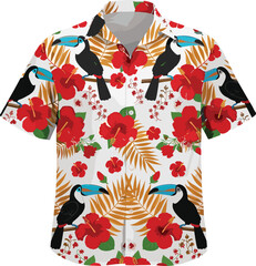 Tropical Hawaiian Shirt, Toucan Bird Pattern, Red Hibiscus Flowers, Palm Leaves, Aloha Style, Summer Vacation Apparel, Vector Illustration