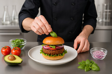 Chef delicately garnishing gourmet burger with fresh basil in a modern kitchen, showcasing healthy, delicious food preparation and culinary artistry