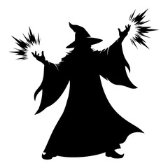 Black silhouette of wizard casting magic energy bursts from hands spell