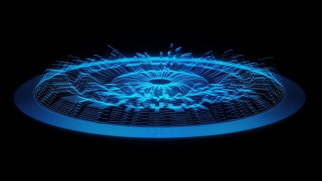 AI Circular Audio Visualizer Overlay &ndash; 3D Neural Sound Ring Animation Loop for Tech HUD and Digital Music Interfaces - Cyan Blue 