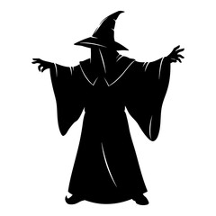 Black silhouette of a wizard in a pointed hat and flowing robe casting a spell magic sorcerer